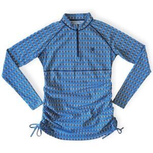 Coolibar Island Ruche Swim Shirt Cover Up Blue Geo Size XS Sun Protection UPF 50